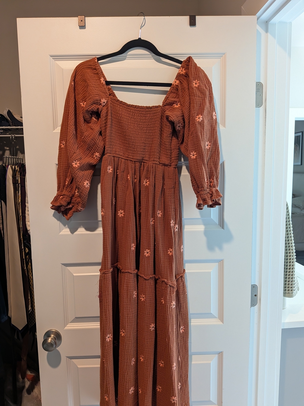 Rust Midi Dress with Smocked Bodice and Puff Sleeves